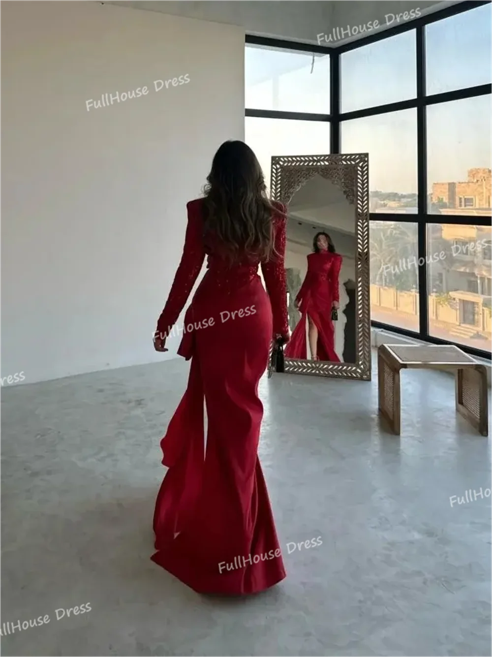 맞춤 제작된 멋진 하이넥 스팽글 섹시한 이브닝 드레스 긴 소매 바닥 길이 주름 파티 드레스 (코트 포함)