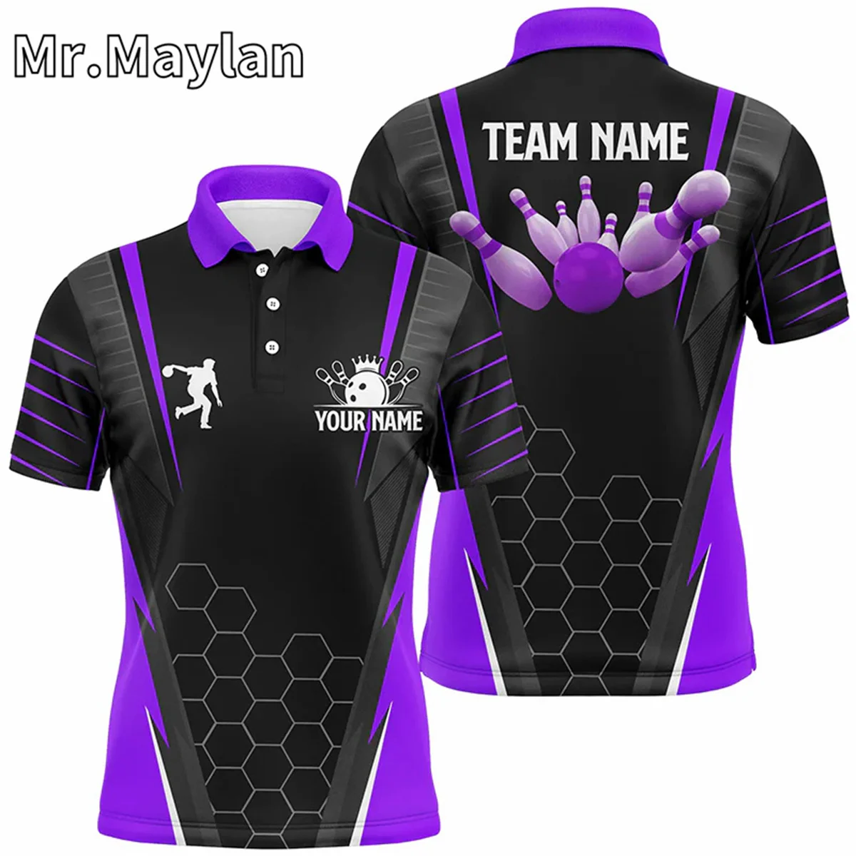 

3D Black Men's Bowling Polo Shirt Custom Name Mens Bowlers Jersey Tee Team Bowling Outfits Purple Gifts For Bowlers Unisex Tops