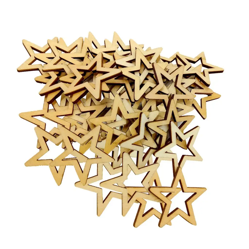 5-6pack 50 Pieces Unfinished Hollow Star Shape Wooden Embellishments 30mm