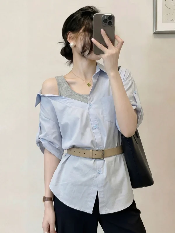 

Shoulder Bared Short Sleeve Shirt for Women plus Size Midi Length Waist Inward Design Korean Style Commute Wind Summer New Ar...