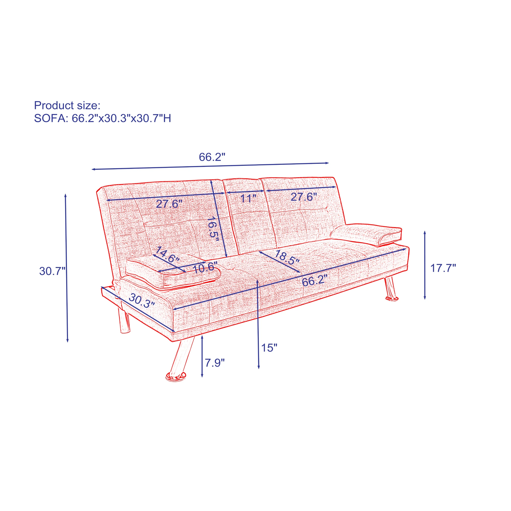 Futon Sofa Bed Twin Size Sleeper 66.2x30.3x30.7Inch Light Grey/Purple/Red Fabric W/Cup Holder[US-W]