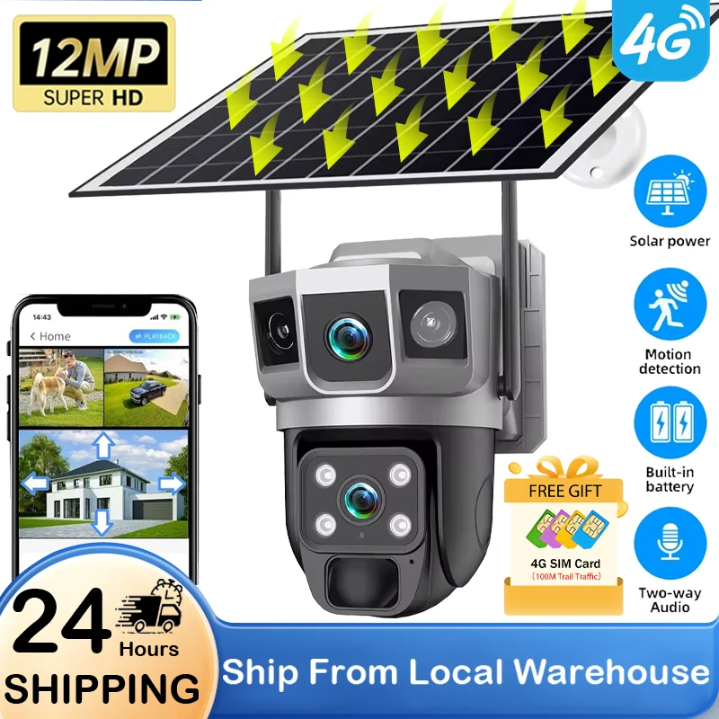 Caméra solaire 4G avec carte SIM 12MP, double objectif, trois écrans, surveillance de sécurité extérieure, suivi humanoïde PIR, batterie, vidéosurveillance CCTV
