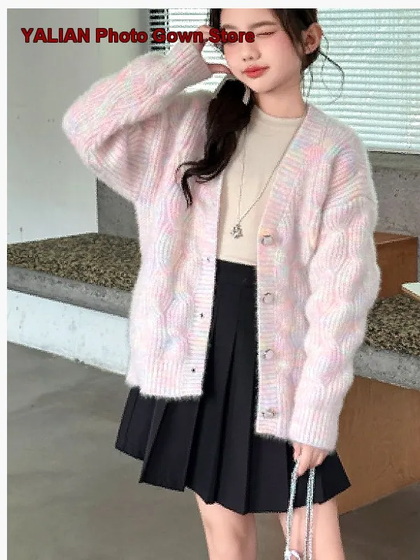 Girls Knit Cardigan Kids Autumn Winter Thickened Soft Sweater Older Kids