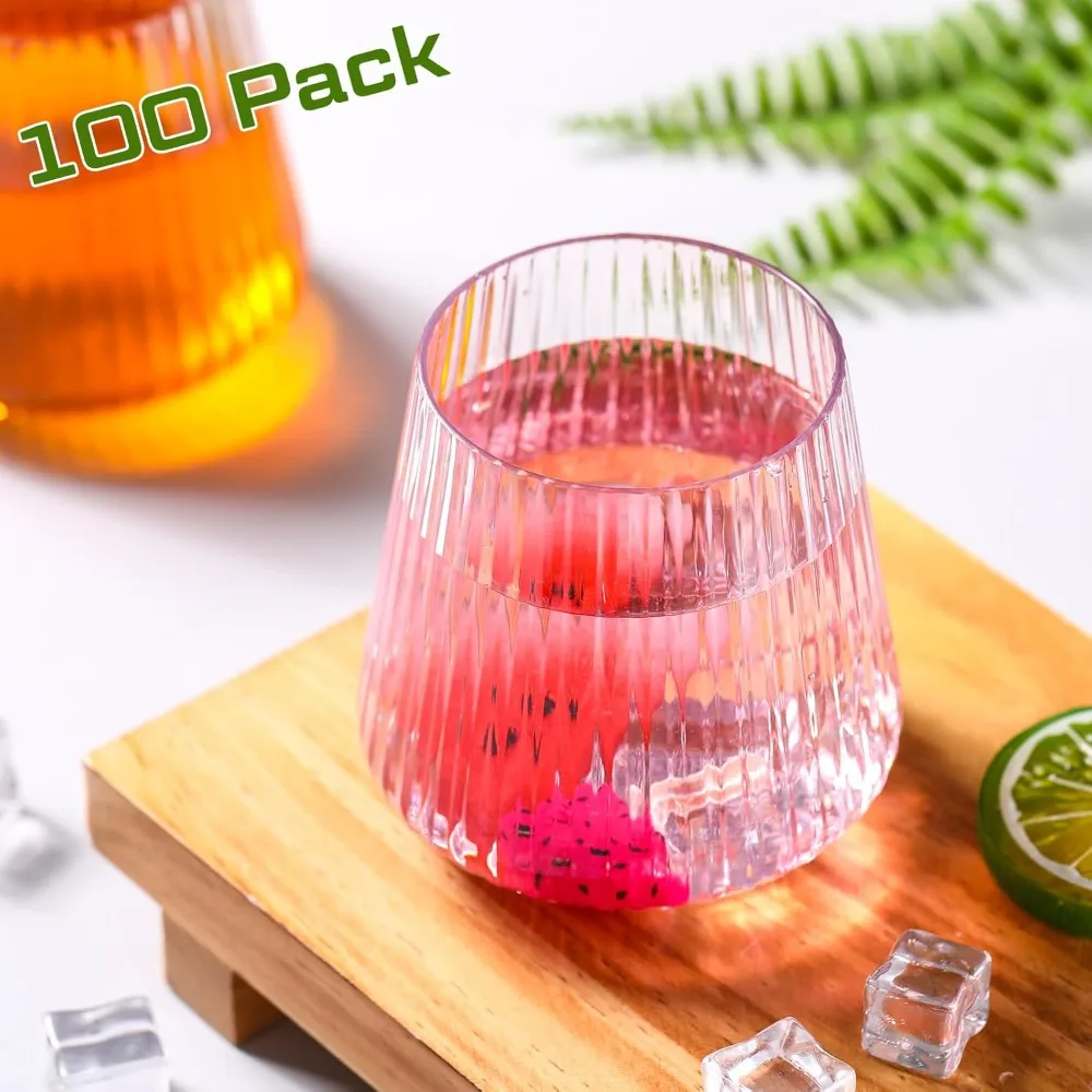 

100 Pack Plastic Wine Glasses Ribbed Stemless Wine Glasses 14oz Vertical Design Unbreakable Cups