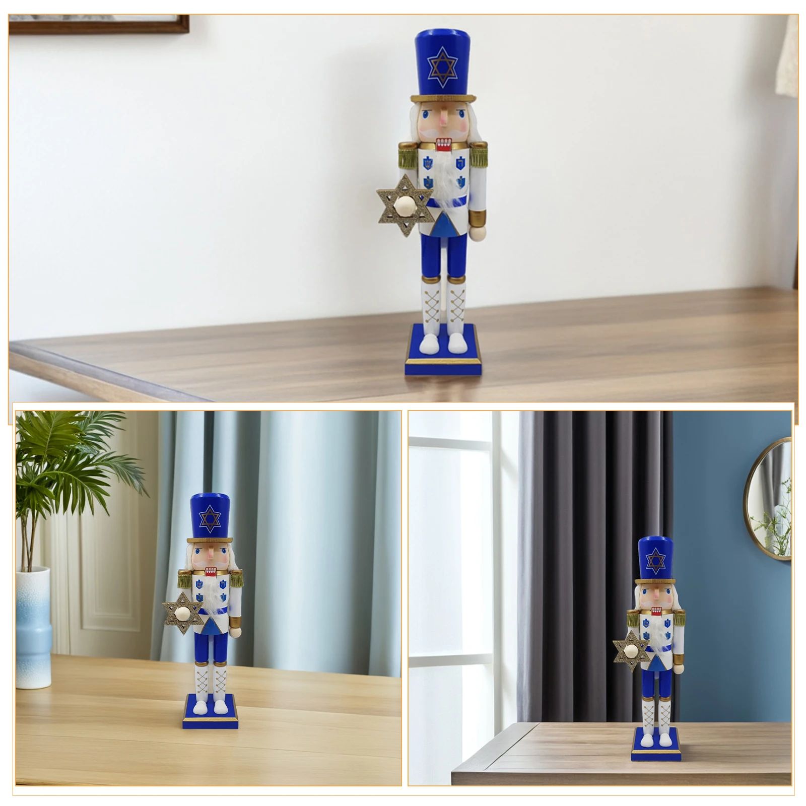 38Cm Hanukkah casse-noisette soldat ornement en bois bleu Judaica fête approvisionnement pour salon étagère hiver à plusieurs niveaux