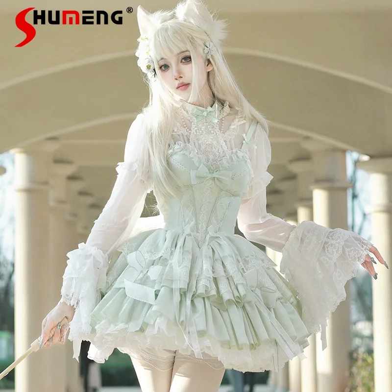 

Elegant Sweet Ballet Kawaii Princess Short Dresses Lace Lace-up Bow Sleeveless Off Shoulder Lolita Puffy Sling Mini Dress Women