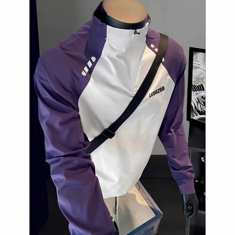 

Мужская футболка реглан с длинными рукавами, дышащая дышащая спортивная тренировочная одежда с половиной молнии для фитнеса, контрастная одежда