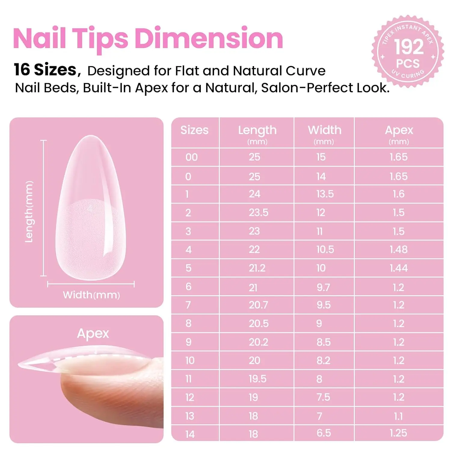 مجموعة أطراف أظافر متوسطة الحجم من اللوز، 192 قطعة 16 مقاسًا مع غراء للأشعة فوق البنفسجية، وقاعدة ومعطف علوي، ومصباح صغير، وأطراف أكريليك محفورة مسبقًا
