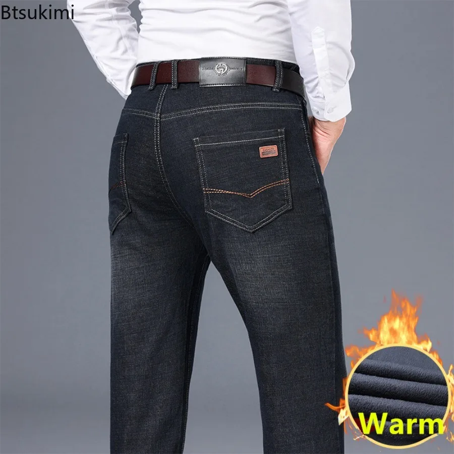 Novo 2025 calças de brim masculinas outono inverno engrossado velo calças retas baggy casual denim calça alta elástica calças de negócios para homem