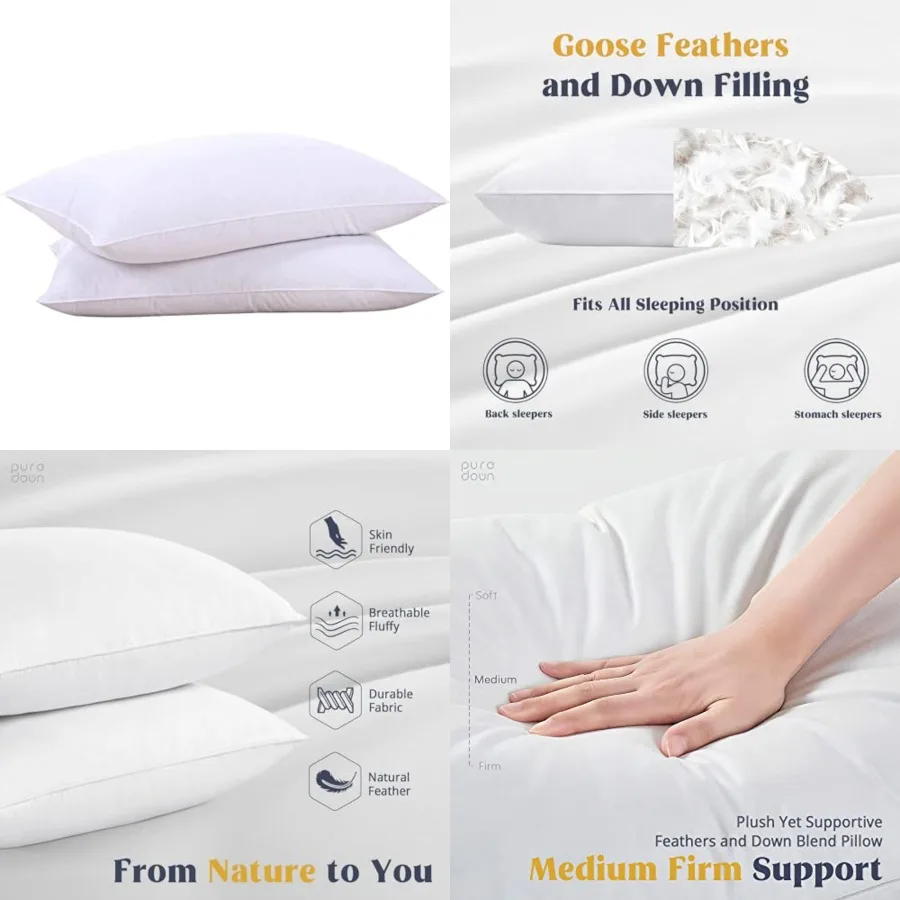 

Goose Feathers and Down White Pillows with 100 Soft Cotton Cover, Bed Sleeping Hotel Collection Pillows Set of 2 King Size