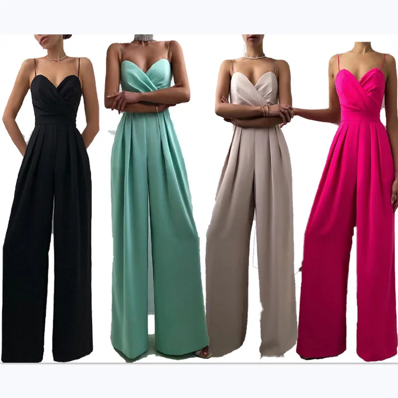 Elegant Jumpsuit Women Summer Solid Sexy Sleeveless Sling Wrapped Chest High Waist Rompers Casual Party Female Jumpsuit