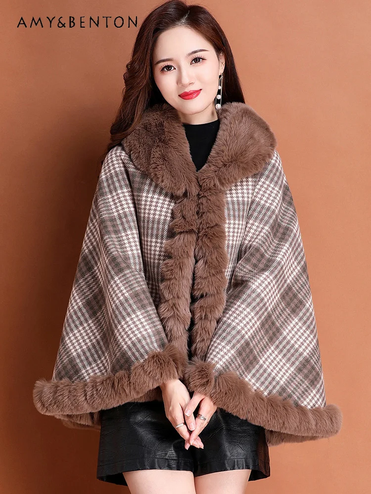 

2025 Autumn Winter New Women's Fleece Thickened Khaki Gray Black Coffee Color Block Plaid Versatile Cloak Coat