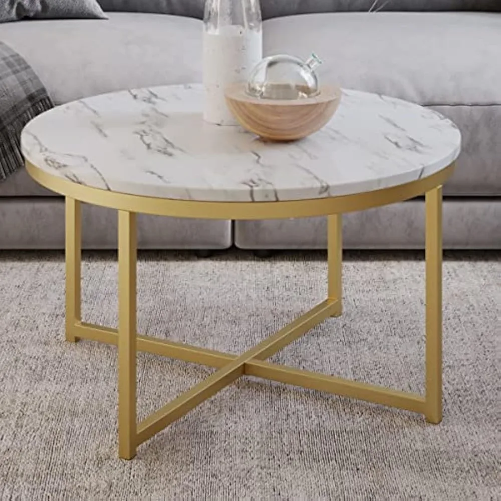 Coffee Table with Faux Marble Top - Modern Round Accent Table with Metal Crossbeam Base