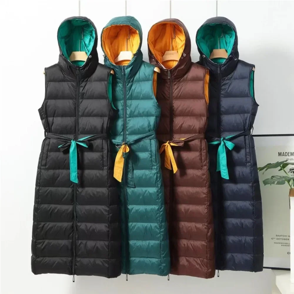 2025년 신상 가을 겨울 따뜻한 경량 오리털 패딩 민소매 롱 후드 다운 조끼 여성 슬림 웨이스트밴드 코트