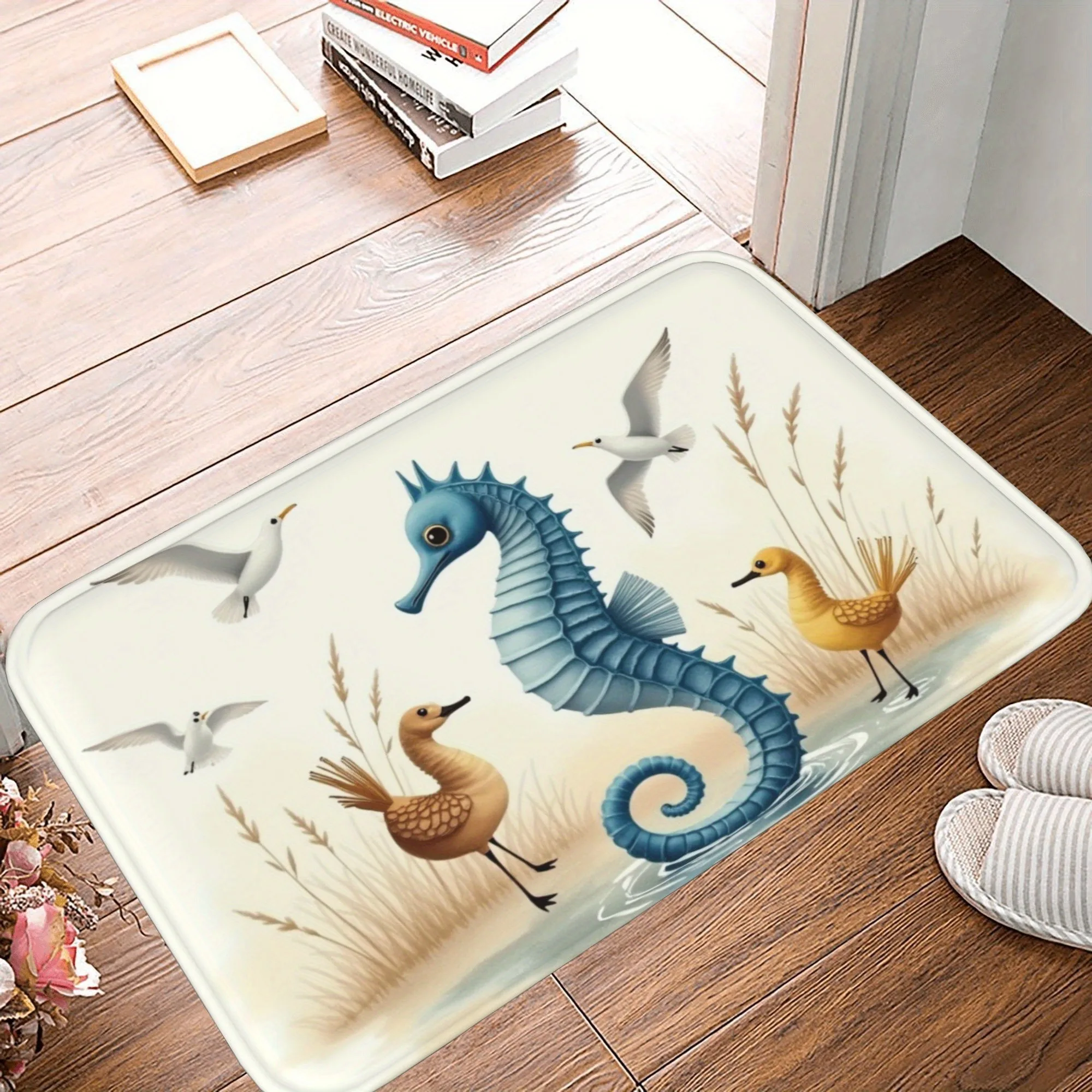 

1PC Seahorse & Shorebirds Kitchen Rug Non-Slip Door Mat Pop design Bathroom Rug Bath Mat Carpet for Home Sink Laundry Decor