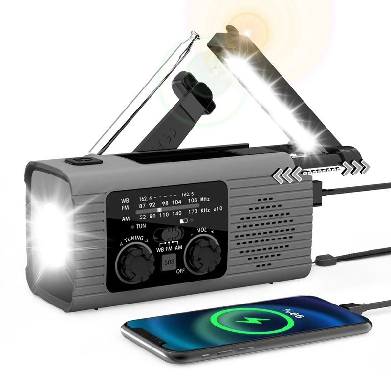 Emergency Weather Radio, 2000Mah Weather Alert Radio Solar Charging, Hand Crank & USB Charged, AM/FM Radio