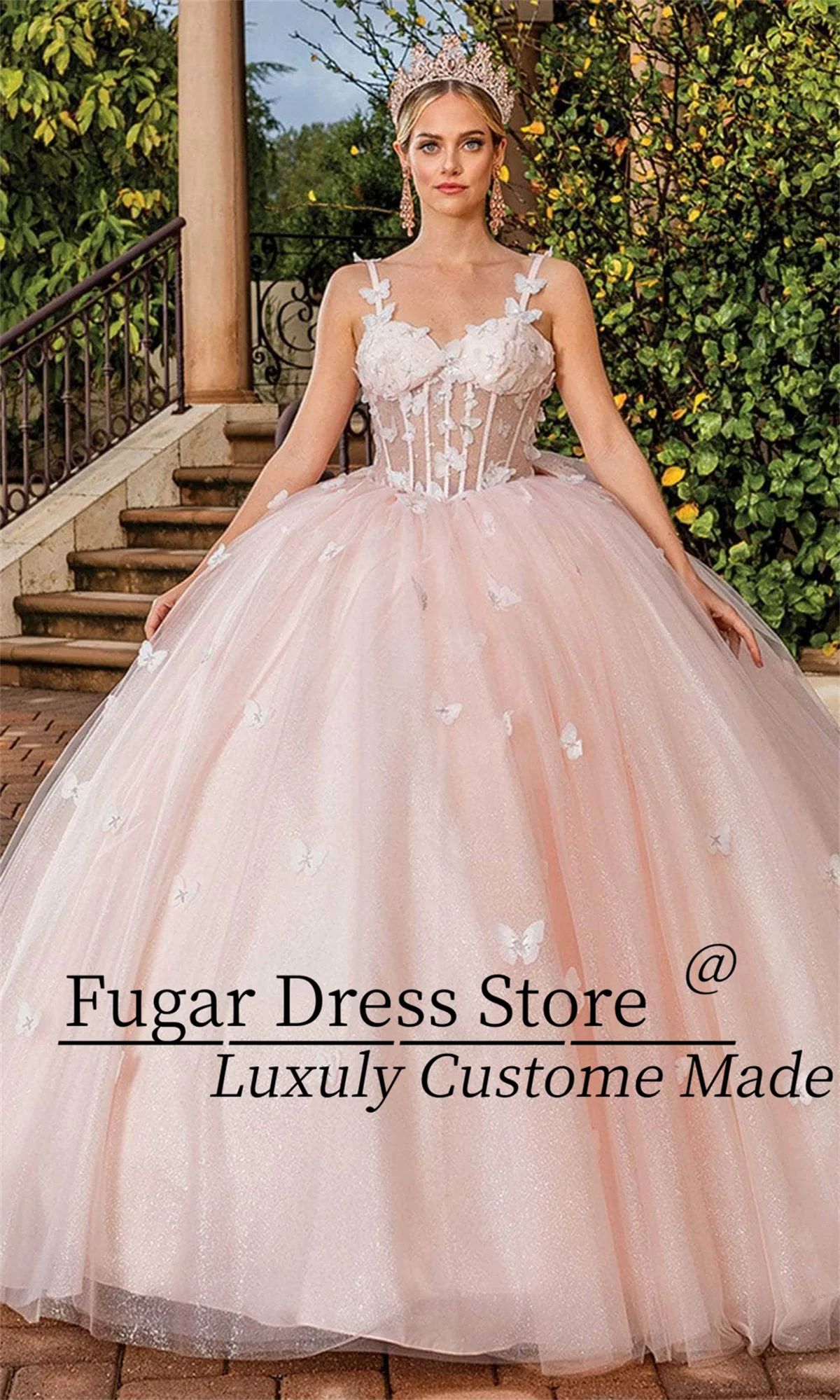 

Customized Princess Quinceanera Dresses Fashion Butterfly Appliques Sheer Corset Boning Oversized Bow Sweet 15 Girls Ball Gowns