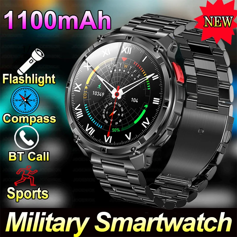 

Новинка 2025 года, аккумулятор 1100 мАч, спортивные умные часы для мужчин, светодиодный фонарик, компас, пульс, IP68, водонепроницаемые умные часы с беспроводным вызовом