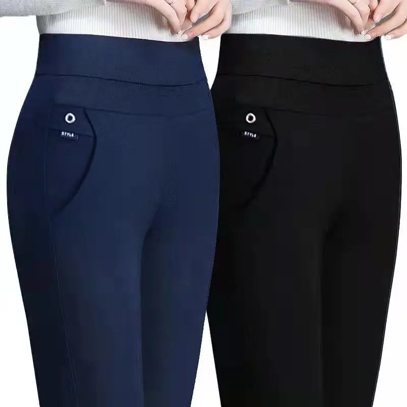 Calça reta feminina coreana, faixa elástica feminina, cintura alta, calça elegante, monocromática, tamanho grande, 5XL, senhora do escritório, outono, 2023