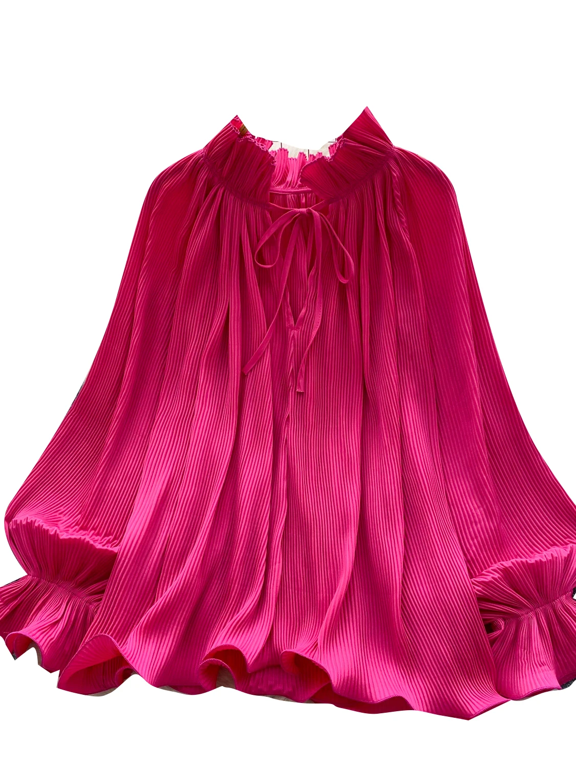 Gentle Wind Ele Pleated Bell Sve irt Women's Loose Slimming Casual Lace Trim Top Polyester Fiber Long Sve