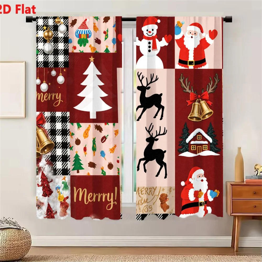 2Pcs Curtains 2D Flat Festive Christmas Collage Design With Santa Reindeer Trees Bells Houses And Merry Greetings Window Drapes