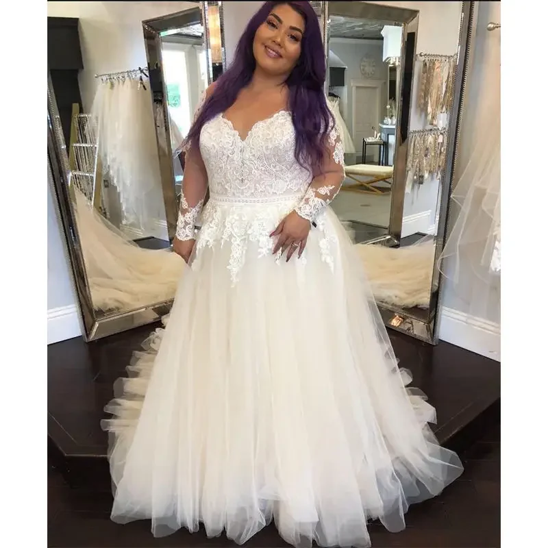 

Customized New Style Plus Size Long Sleeves Wedding Dresses Vestido Noiva Casamento Illsion Back Lace Appliques Bridal Gowns