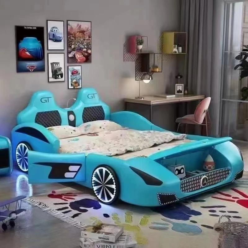 Multi-coloured soft creative solid wood racing double bed