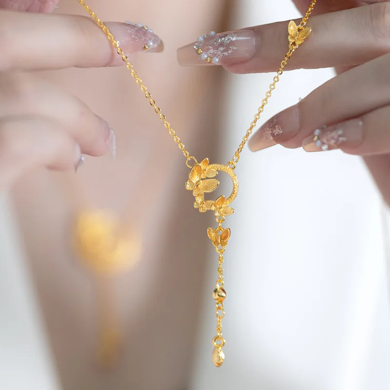 9999 24K real gold niche super fairy high-end flower wreath collarbone chain fashionable butterfly tassel women\'s necklace