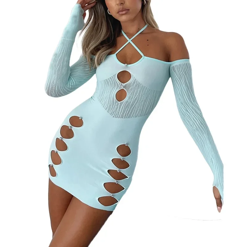 

Women's Sexy Mesh Dress Cover Up Midi Long Sleeved Hanging Collar Street Party Spring and Autumn New Casual Wrap Cut Dress YDL48