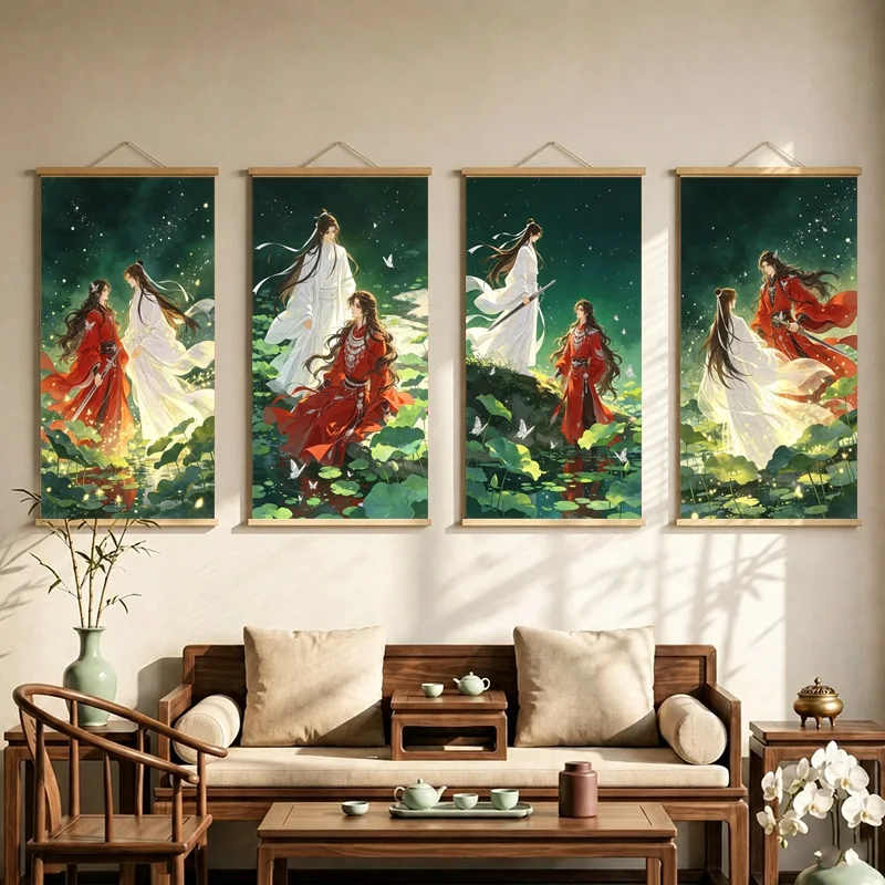 Heaven's Official Blessing Hanging Scroll with Red and White Robed Figures amid Lush Green Foliage for a Cozy Reading Nook