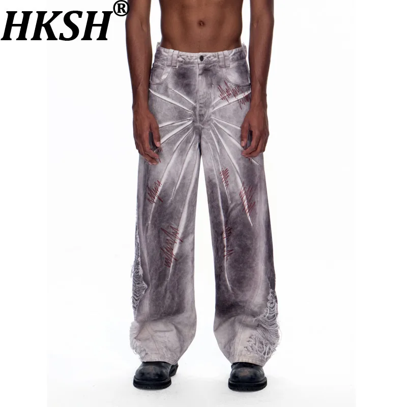 

HKSH осенние новые мужские прямые джинсы в стиле панк в стиле ретро, рваные джинсовые брюки трапециевидной формы с вышивкой и нерегулярной строчкой HK11769