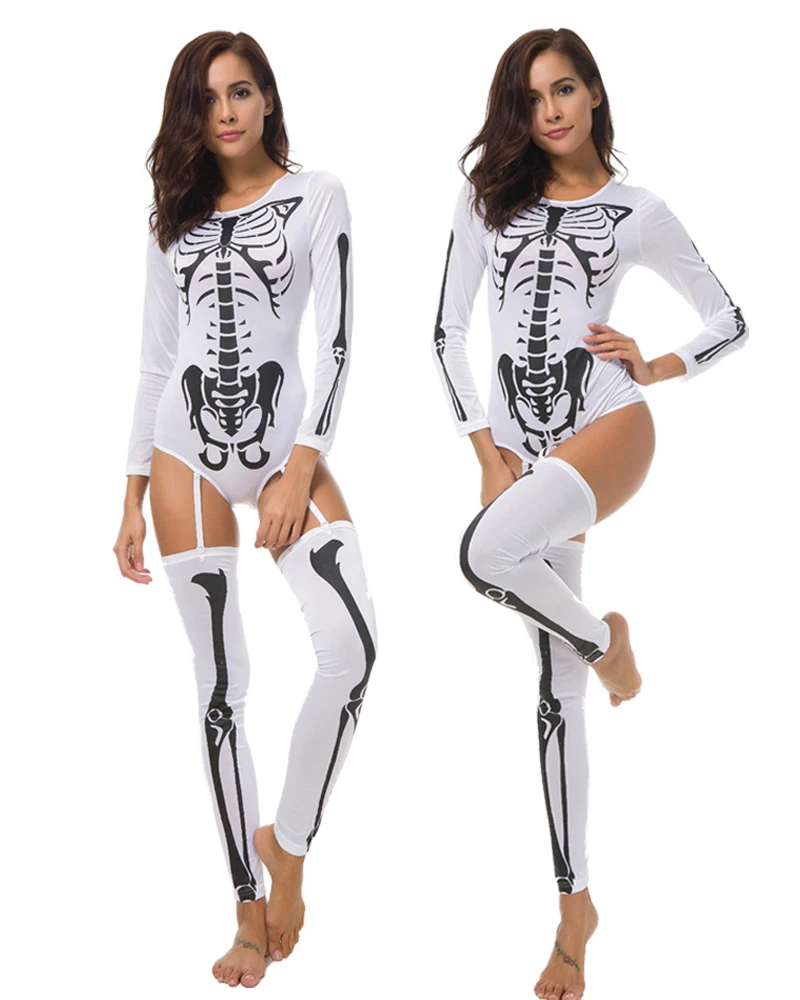 Mono de manga larga para mujer de Halloween, disfraz ajustado para adulto con calavera y esqueleto, mono de zombis para fiesta de juegos de rol