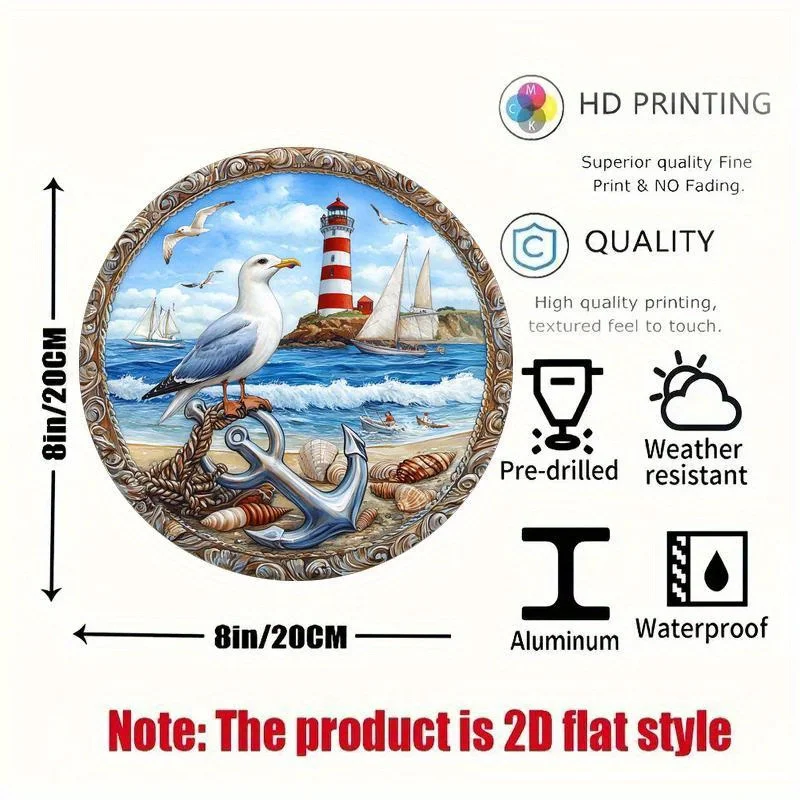 1pc Vintage Nautical Lighthouse Aluminum Wall Decor Sign, 20.32x20.32 cm Round Metal Plaque, Classic Maritime Style, Easy Instal