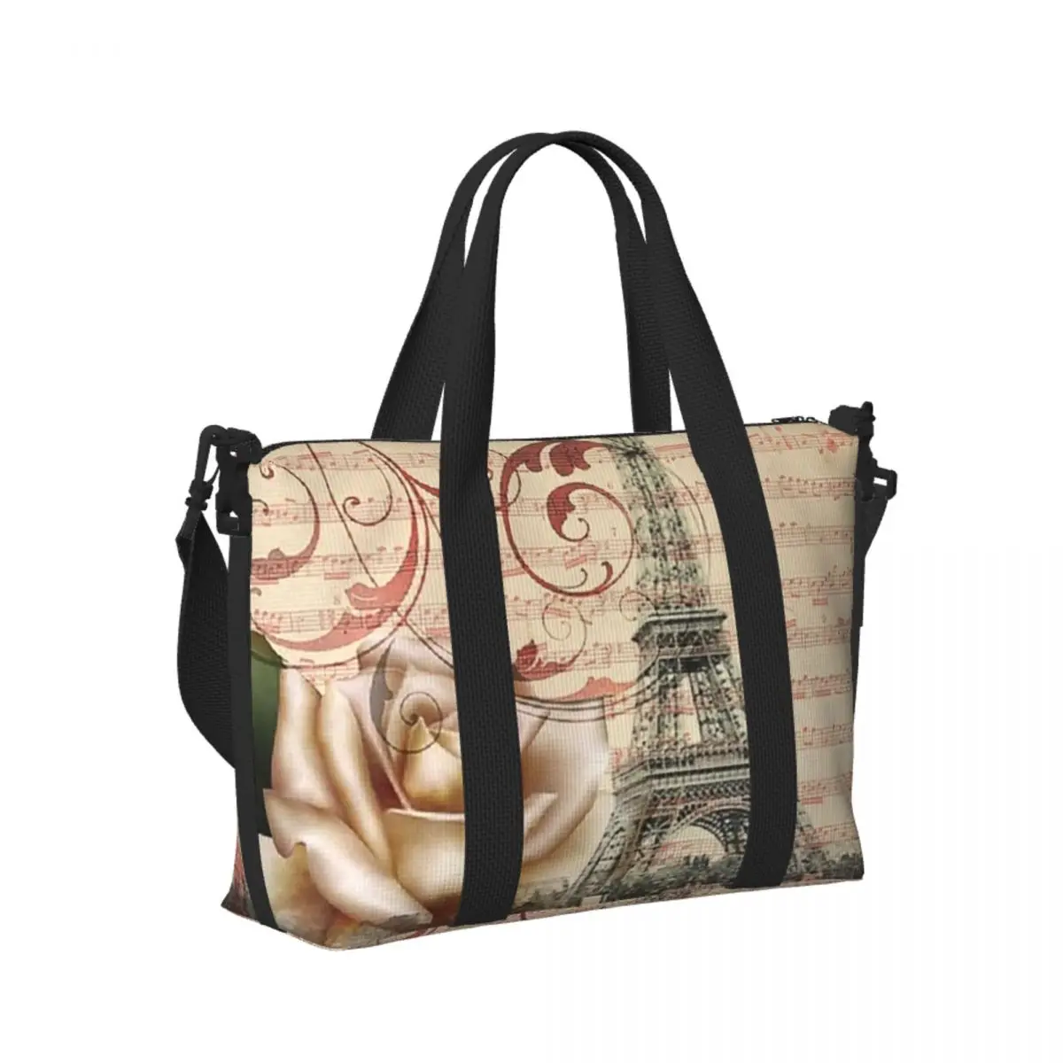 

Dark Academia French Botanical White Rose Paris Eiffel Tower Beach Travel Bag Tote Bags Women Shopping Duffle Shoulder Bag