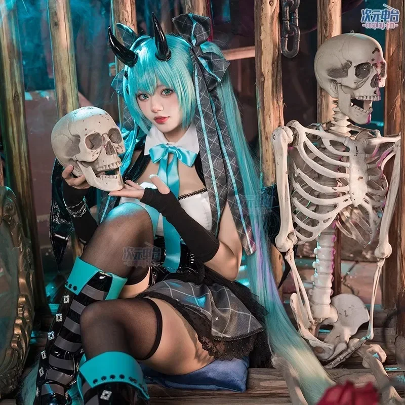 Kostum Cosplay Anime Demon Miku wanita gaun seksi setelan sayap seragam setan Lucu Miku dengan ekor pakaian pesta karnaval Halloween