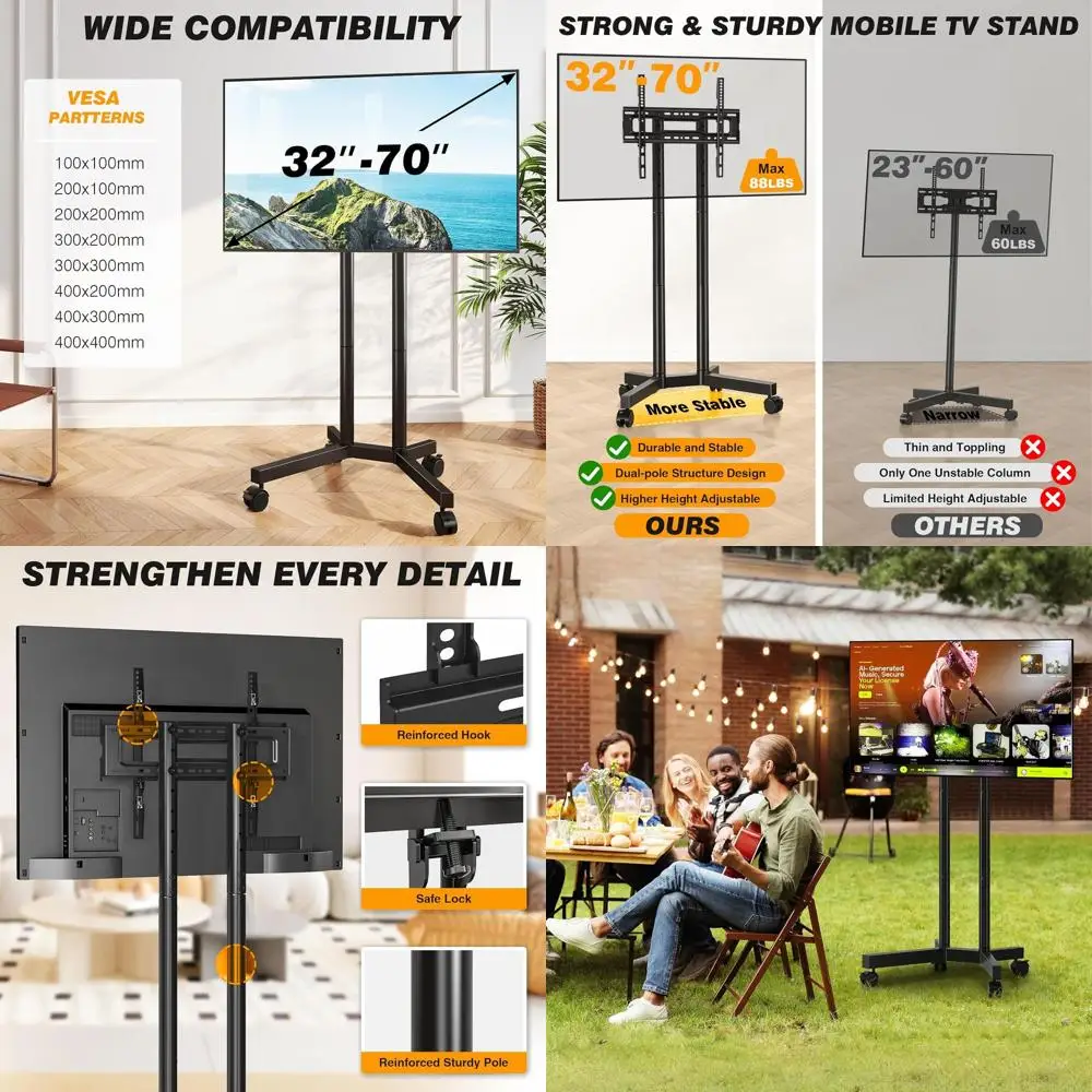 

Dual-Pole Rolling TV Stand for 32-75 inch LCD LED Flat & Curved TVs, Height Adjustable Portable TV Stand with Lockable Wheels, M