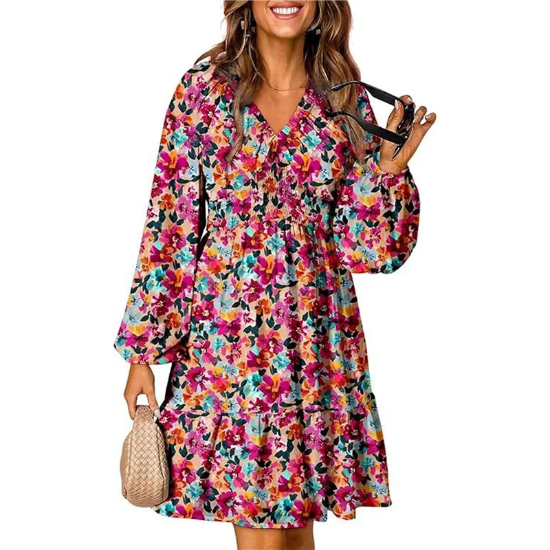 CGS-Donna Autunno Boho Floreale Scollo a V Manica lunga Smocked Elastico in vita Casual A-Line Mini abito prendisole