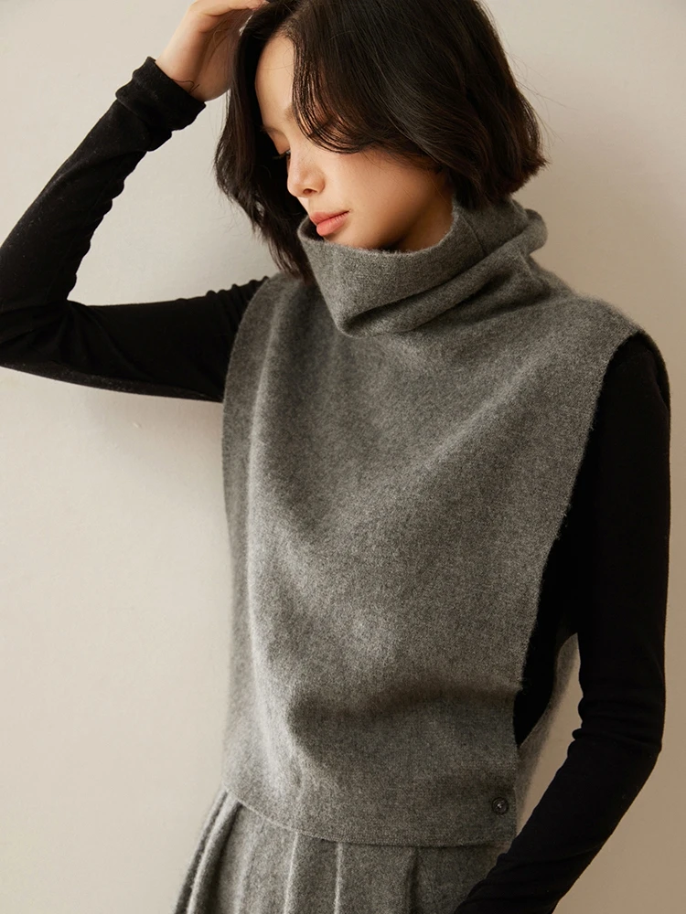 

New Chic Women's 100% Cashmere Waistcoat Simple Style Turtleneck Sleeveless Pullover Sweater Autumn Winter Cashmere Knitted Tops