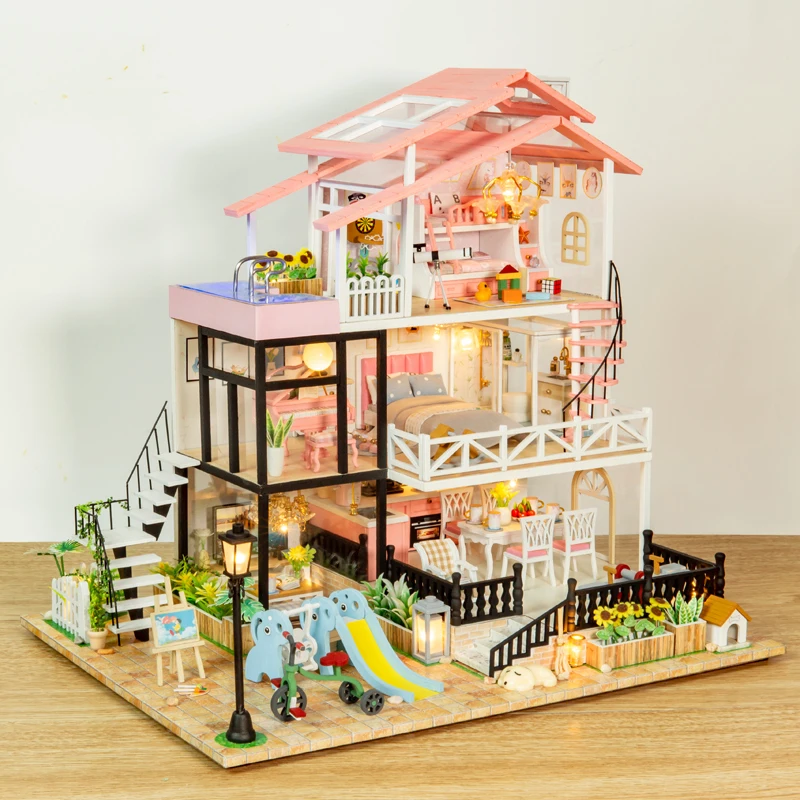 بيت دمية الأميرة المصغر DIY مجموعة خشبية ثلاثية الأبعاد مجموعة ألغاز فيلا مع أثاث LED أضواء مهرجان هدية عيد ميلاد للفتيات #2
