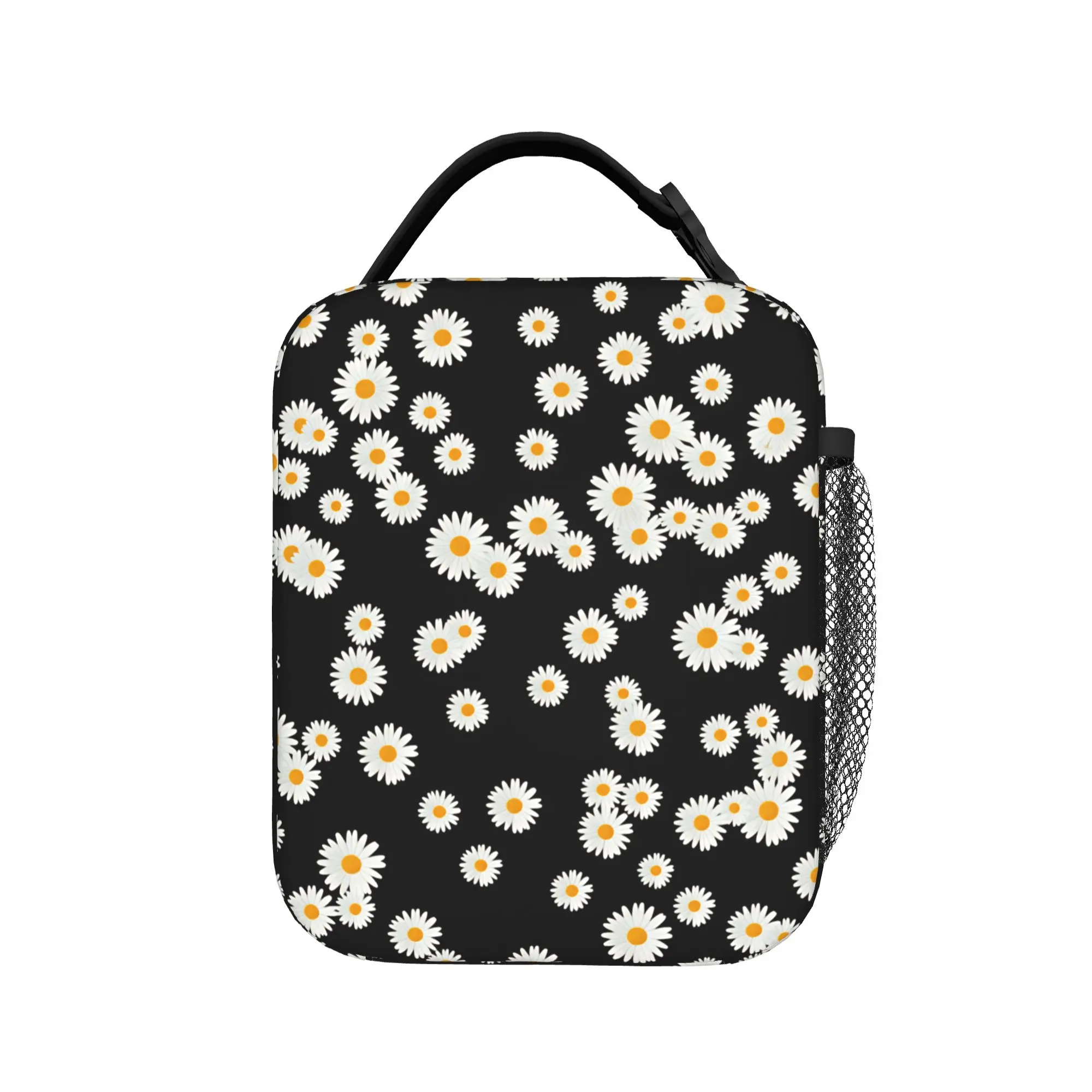 Daisy Scatter Black Background Lunch Bag Outdoor Picnic Lunch Box For Child Thermal Lunch Bags Oxford Portable Zipper Cooler Bag