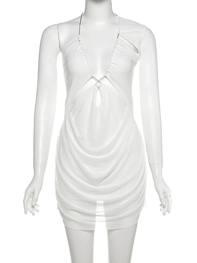 BWQ Women's Halter V Neck Cut Out Metal Chains Short Dress Sexy Hollow Out Mesh Ruched Night Out Party Dresses Clubwear 2025