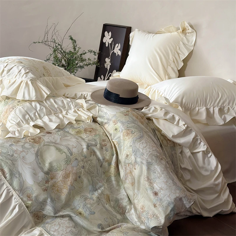 elegant Vintage floral Prints Pleated Ruffles 1000TC Egyptian Cotton Bedding Set Duvet Cover Flat/Fitted Sheet Pillowcases 4Pcs