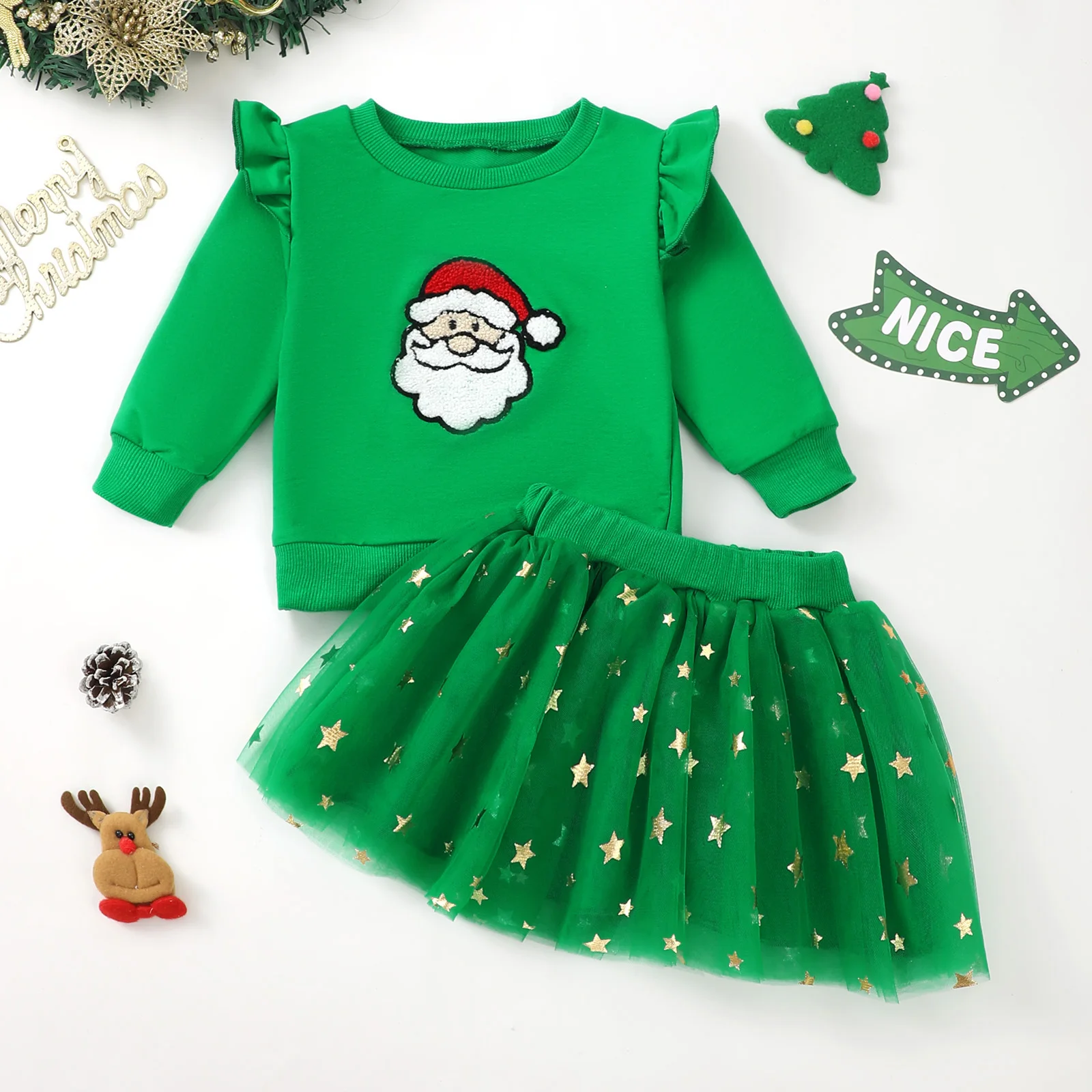 Christmas Party Kids Baby Girl Clothes Skirts Set Outfits Long Sleeve Embroidery Santa Sweatshirt with Stars Tulle Skirt Suit