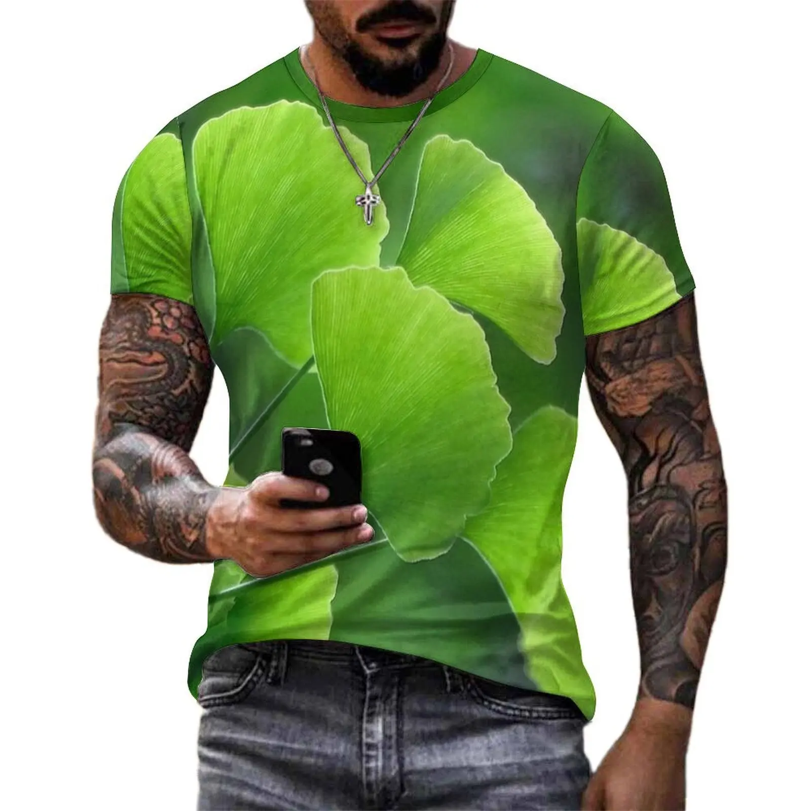 Man Fresh Green Ginkgo Photo T Shirt  Fashion T-Shirts Short-Sleeved Pattern Tshirt Cheap Original Funny Oversized Tees