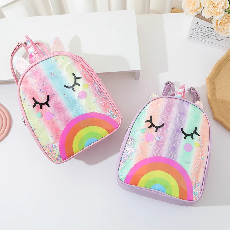 Princess Girls Rainbow Unicorn Backpack Children Sequins Cartoon Pink Shoulders Bag Baby Kids Kindergarten Schoolbag Pony Bag