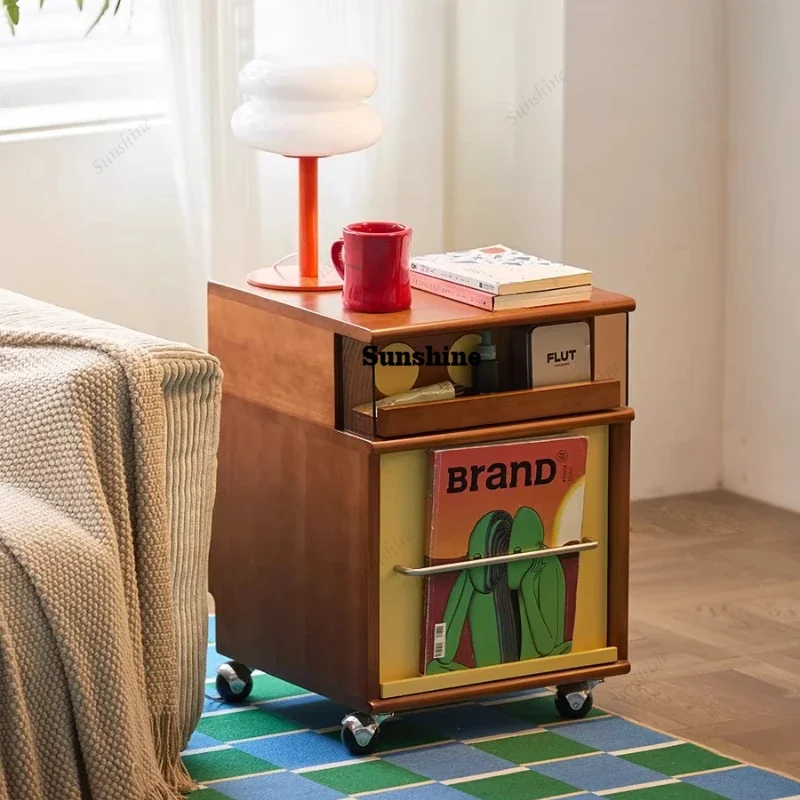 

Movable bedside table with wheels Small medieval solid wood storage bedside table FT