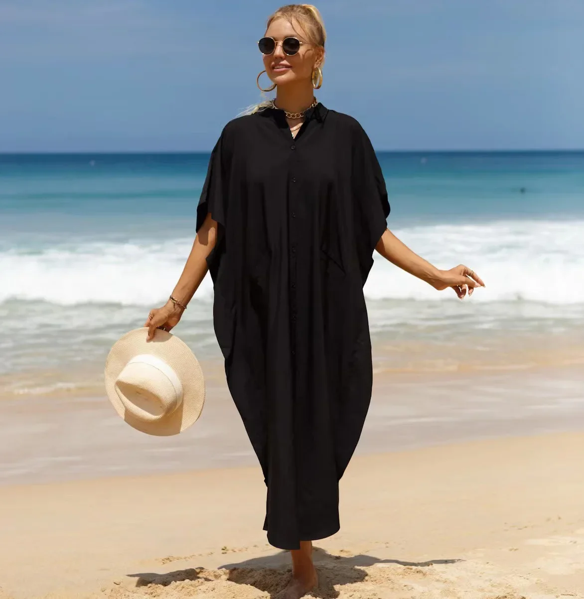 Robe longue de plage en coton pour femmes, tunique, t-shirt, blanc, noir, caftan, printemps, été