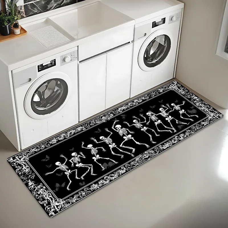 Halloween Skeleton Runner Carpet Black‑White Dancing Skull Bat Vintage Ornate Border Printed Floor Carpet Spooky Holiday Decor
