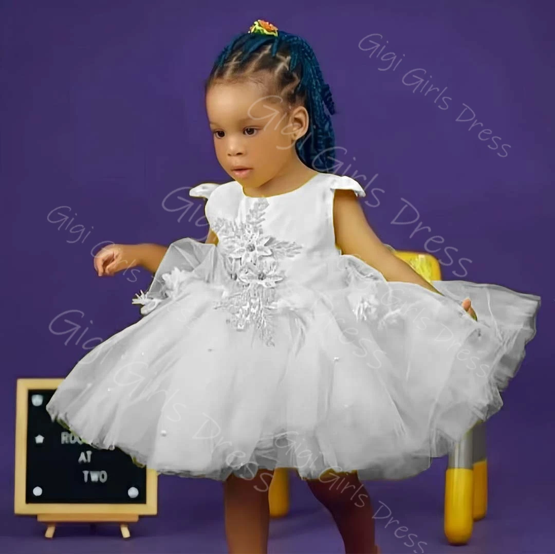 

Вечернее платье для девочек по индивидуальному заказу, тюлевое платье с цветочной аппликацией из бисера для девочек на свадьбу, бальное платье длиной до колена с короткими рукавами для малышей