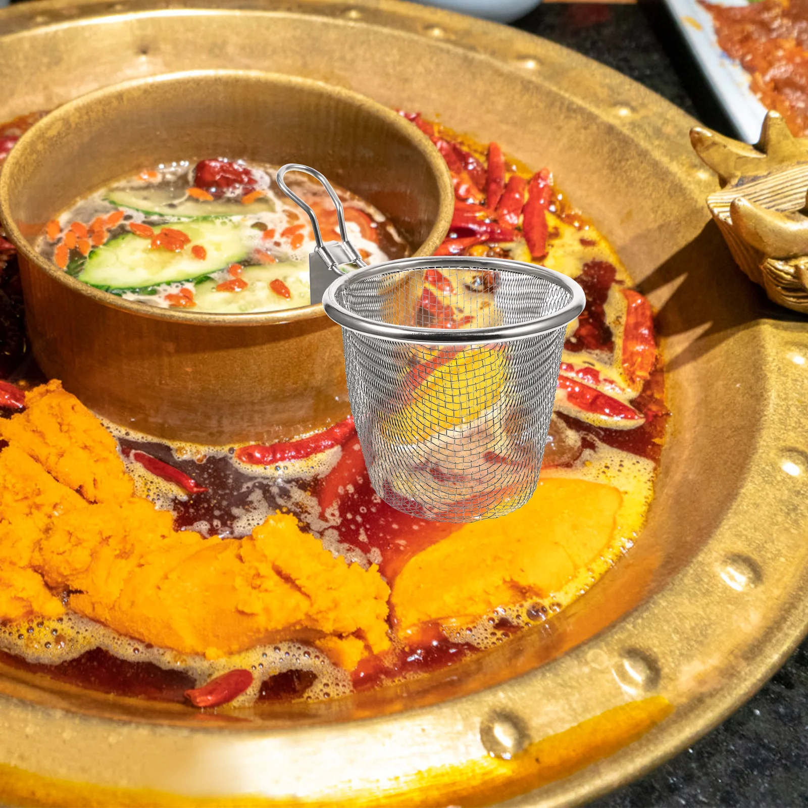 

Deep Bottom Stainless Steel Pasta Basket Mesh Colander Heat Resistant Kitchen Noodle Strainer for Frying Food Vegetables Meat